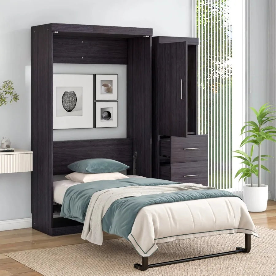 Twin Size Murphy Bed with Wardrobe and Drawers Storage Bed can be Folded into a Cabinet Gray