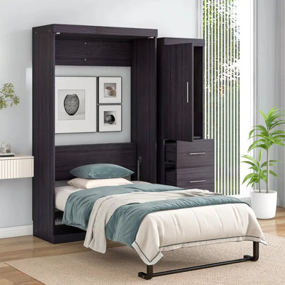 Twin Size Murphy Bed with Wardrobe and Drawers Storage Bed can be Folded into a Cabinet Gray