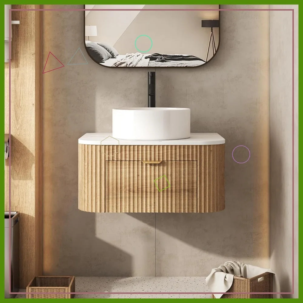 Floating Bathroom Vanity with Sink, Fluted Drawer Storage, Marble Wood Top, Wall Mounted