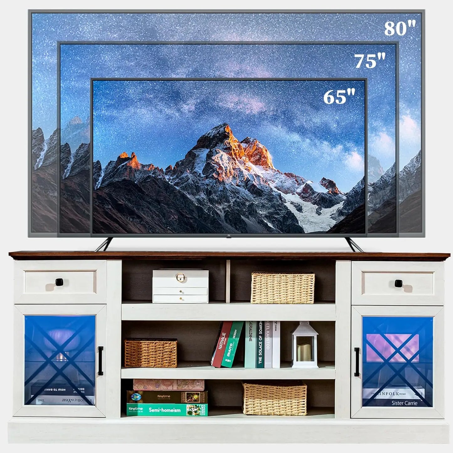 Farmhouse TV Stand Table for 75 80 inch TVs, Modern Entertainment Center with LED Lights and Glass Doors, Customized