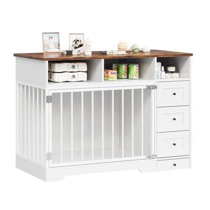 Farmhouse Wooden Dog Crate Furniture With 6 Storage Drawers Feeding Station Heavy Duty Dog Kennel End Table