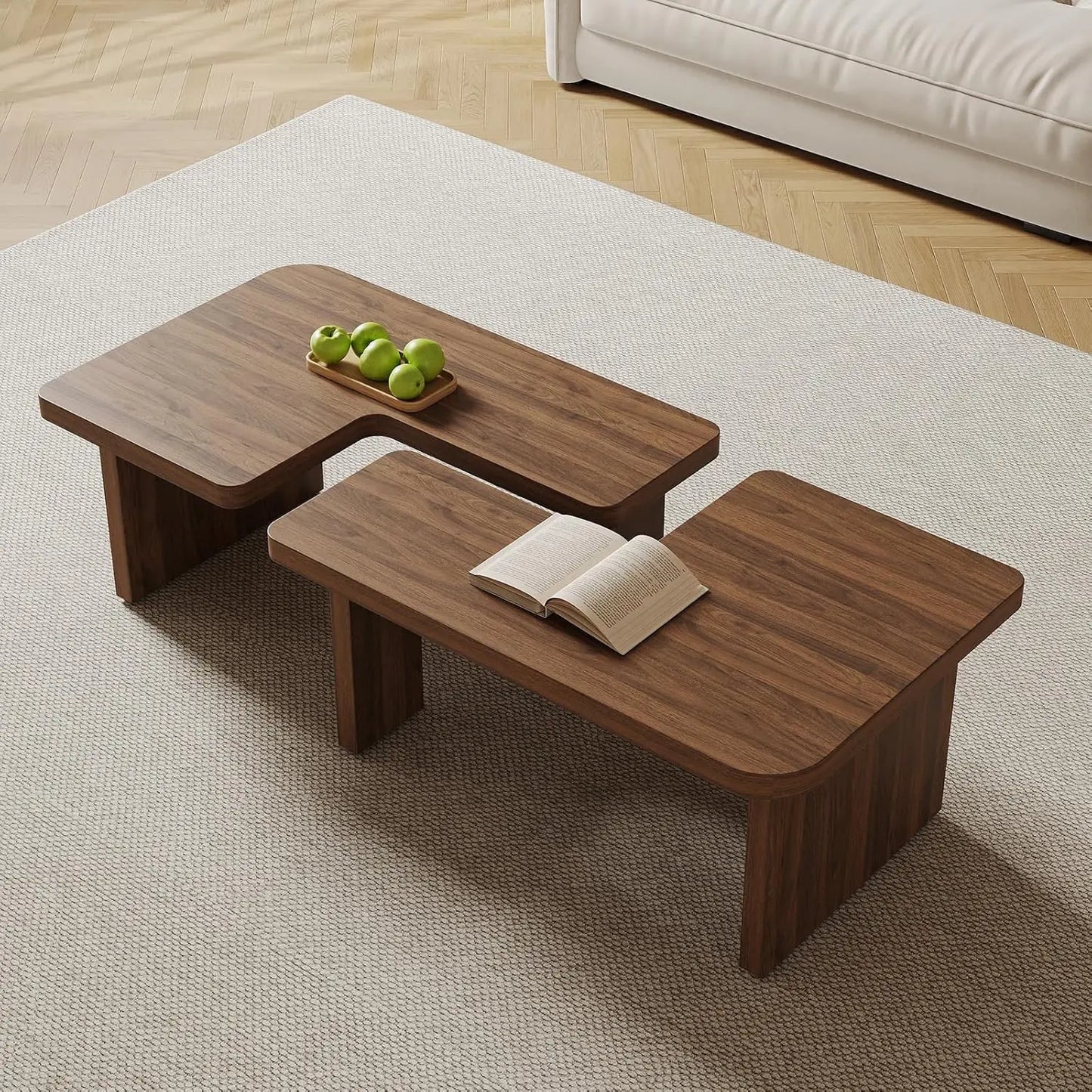 Mid-Century Nesting Coffee Table Set, 2 Adjustable Square Wood Tables, Minimalist Tea Table, Brown