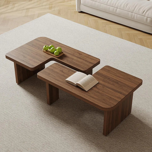 Mid-Century Nesting Coffee Table Set, 2 Adjustable Square Wood Tables, Minimalist Tea Table, Brown