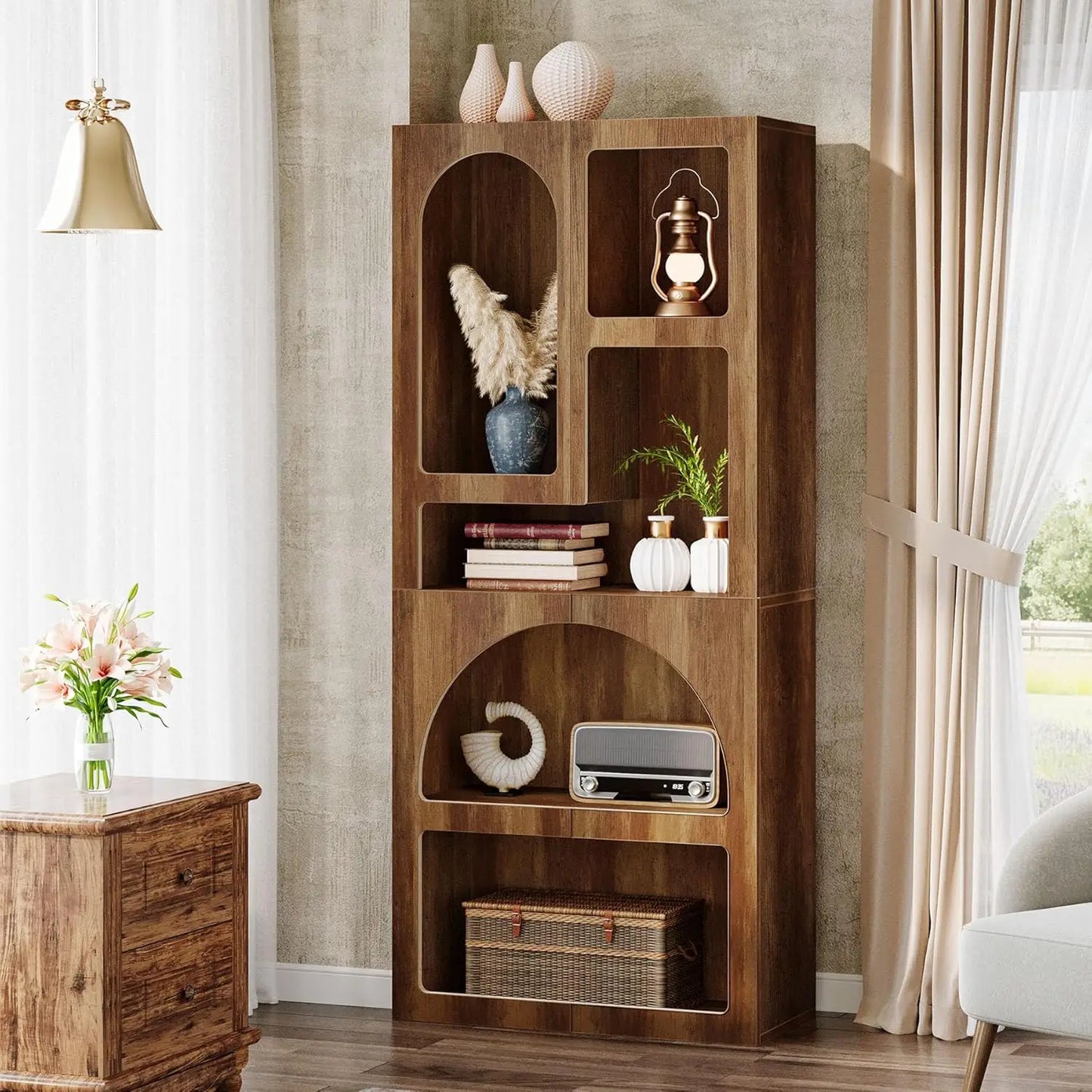 Tall Geometric Bookshelf, White Arched Bookcase with 5 Irregular Storage Shelves,Free-Standing for Living Room, Bedroom