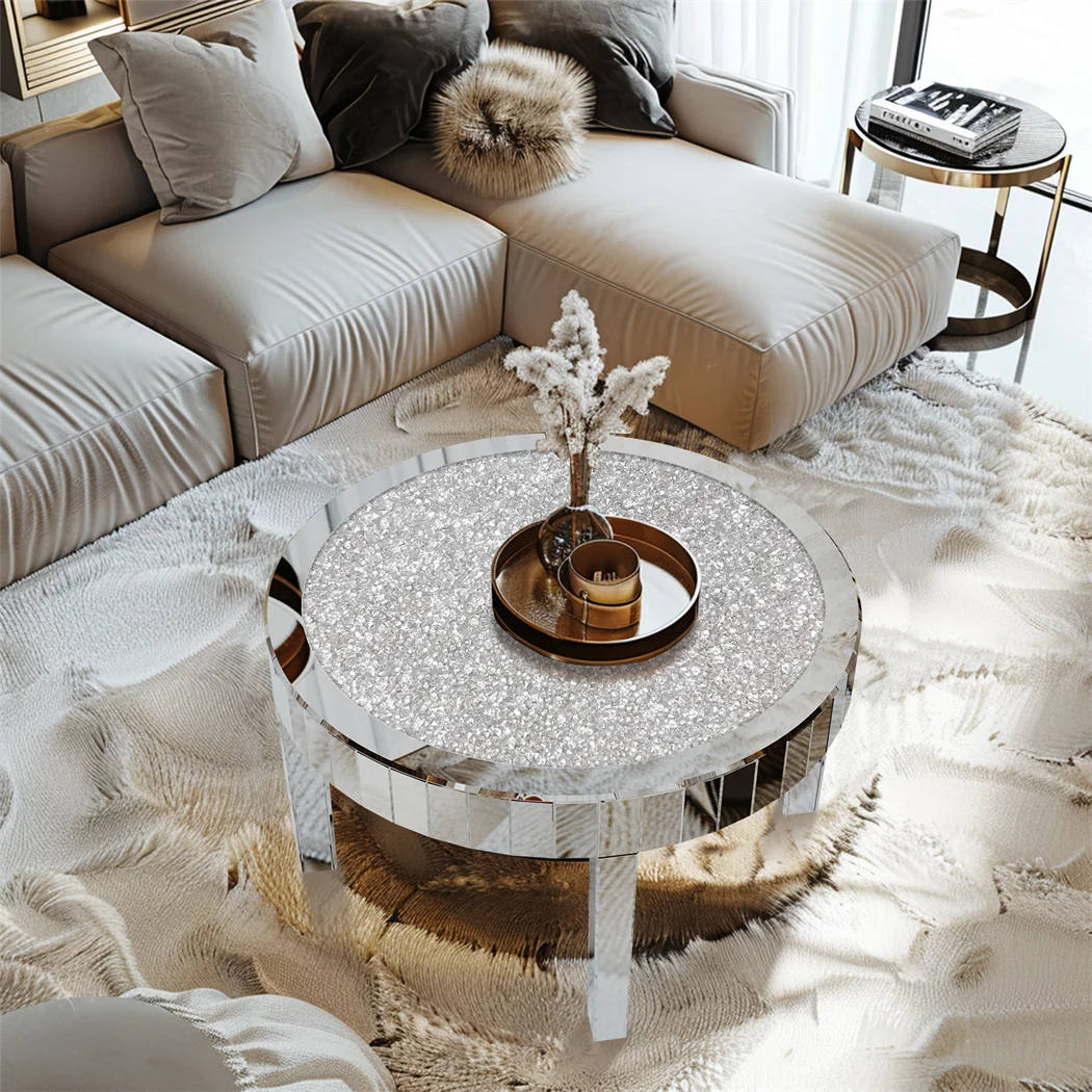 Silver Round Mirrored Coffee Table Elegant Accent Side Table with Glass Tabletop for Living Room Bedroom