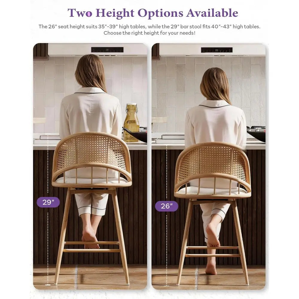 Barstool's Set of 4 w Rattan Backrest, Swivel Counter Height Bar stools w Metal Legs, Boho Bar stools with