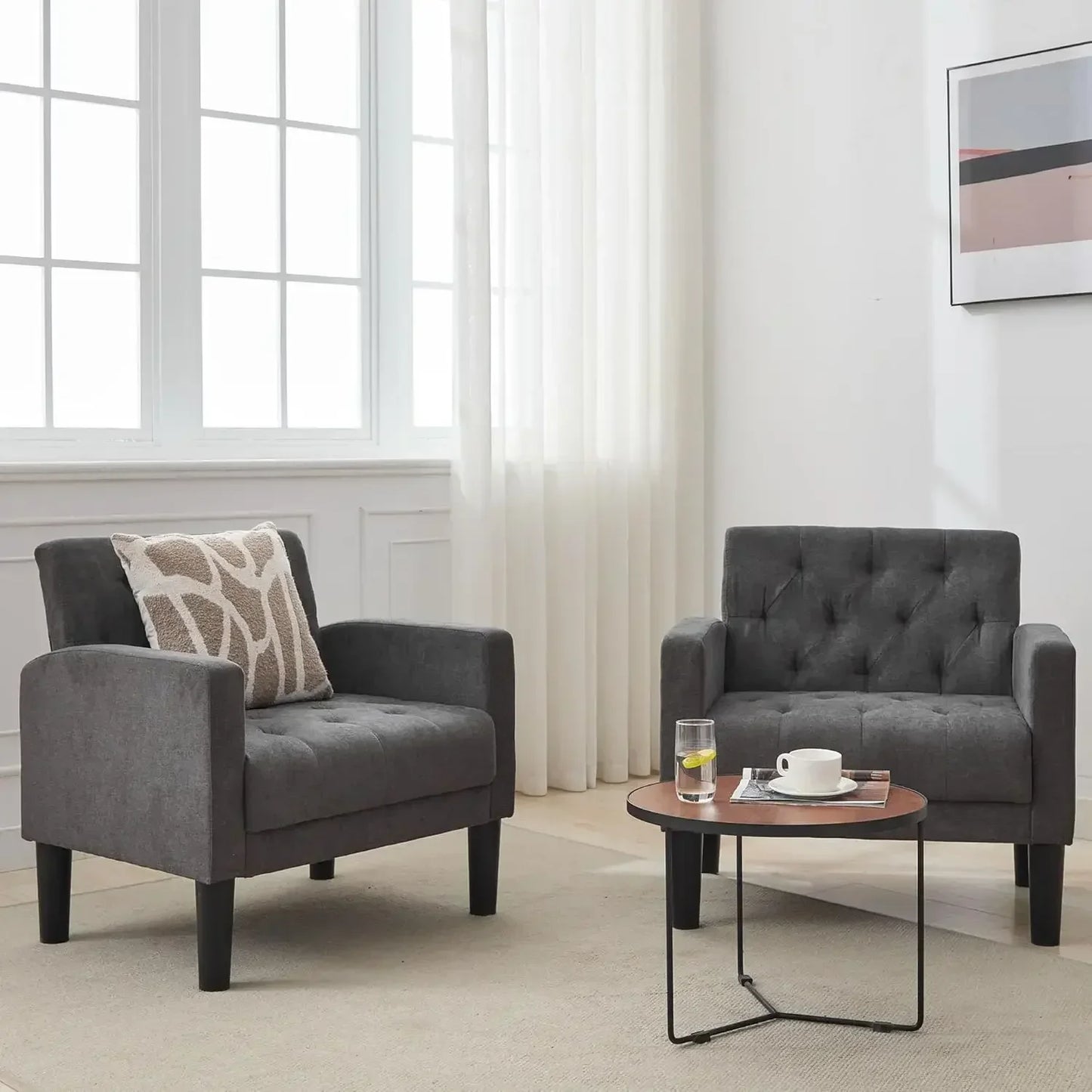 Accent Chairs Set of 2, Mid Century Modern Upholstered Tufted Living Room Chair for Bedroom, Armchair