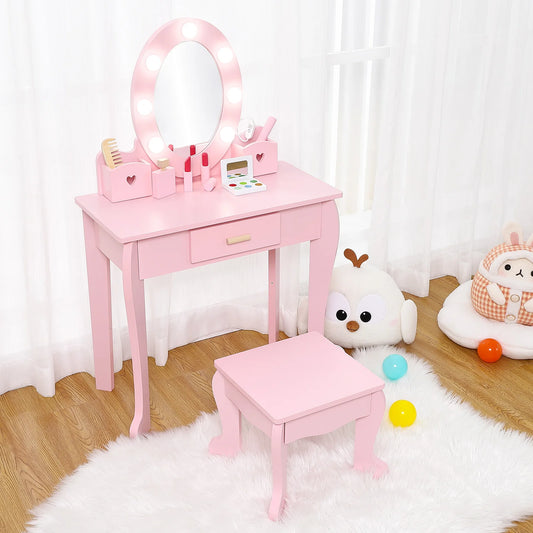 Girls' Vanity Table and Chair Set, Kids Makeup Dressing Table