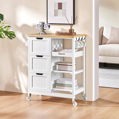 Kitchen Island Cart on Wheels, Rolling Storage Cart with Bamboo Countertop, 3 Drawers, 3 Removable Shelves & Lockable Casters