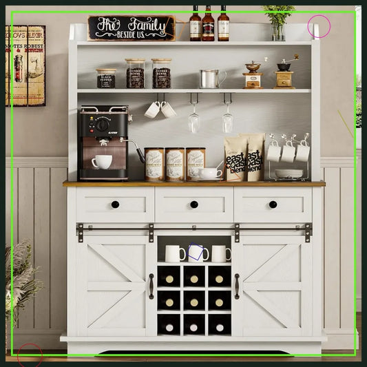 Farmhouse Coffee Bar Cabinet with Sliding Barn Door, 63 Inch Kitchen Hutch with 3 Drawers & Wine Racks for Living Dining Room