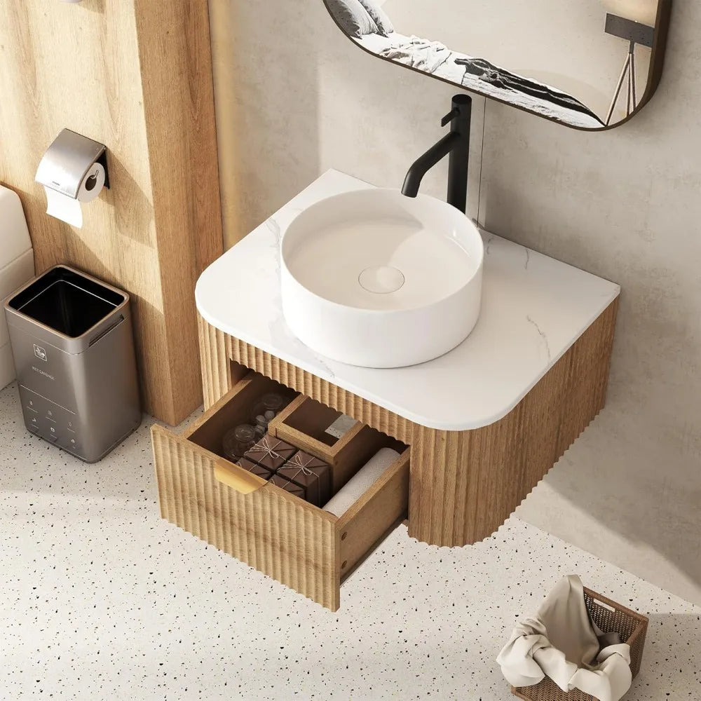 Floating Bathroom Vanity with Sink, Fluted Drawer Storage, Marble Wood Top, Wall Mounted