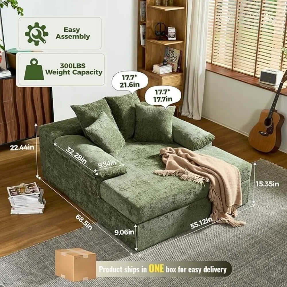 Oversized Boneless Chaise Lounge Chair Chenille Sofa Bed with Armrests & 4 Pillows