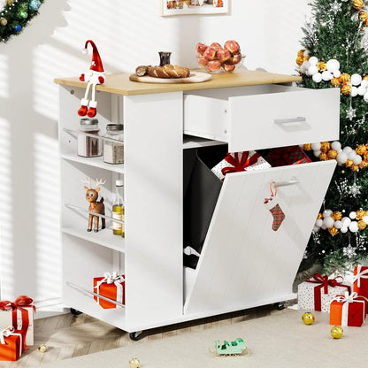 Rolling Kitchen Island with Trash Can Storage, Portable Kitchen Island on Wheels with Towel Rack & Spice Rack, Tilt Out Trash