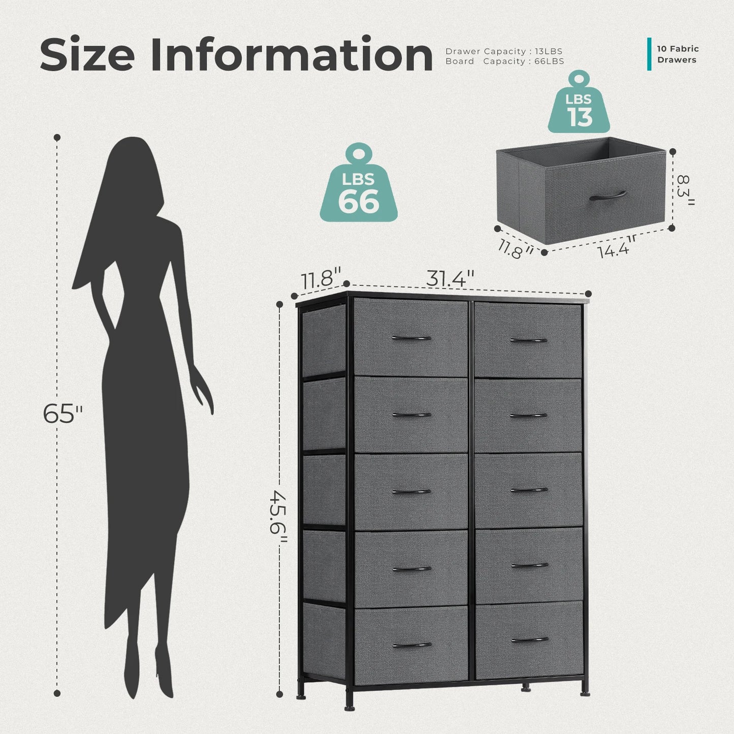 JHK 10 Fabric Drawers Nightstand Storage Cabinet With Steel Frame Clothes Storage