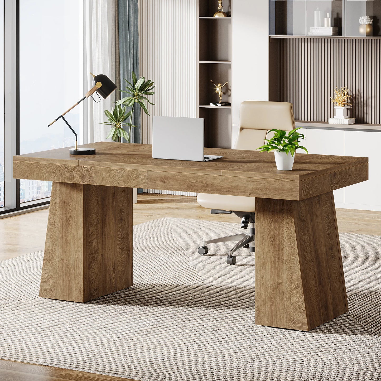 Executive Desk, Large Wood Office Computer Desk with Double Pedestal, Modern Minimalist Workstations