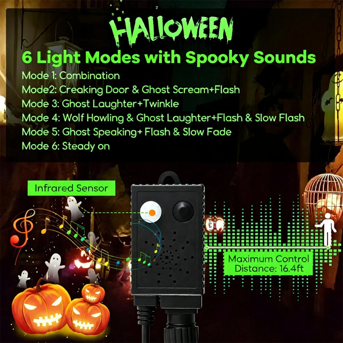 Black Halloween Tree with 65 Ghost Cold White Lights & 65 Pumpkin Orange Lights