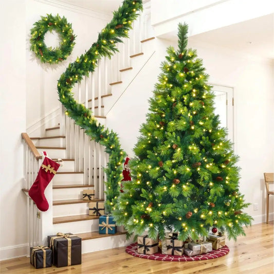 6FT Grass Green Pine Christmas Tree, Pre-Lit with Garland & Wreath,