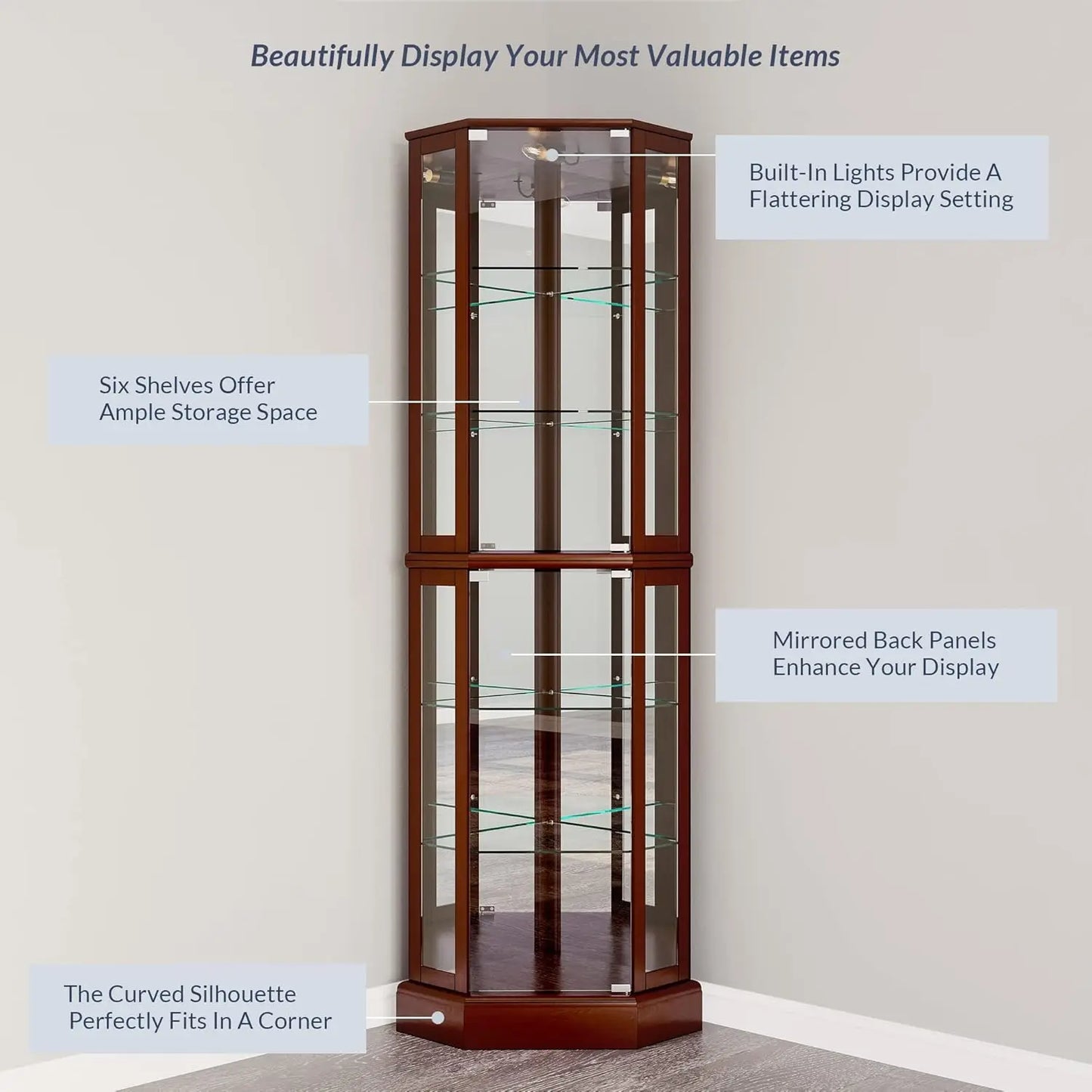 Lighted Corner Display Curio Cabinet,72" Tall Wooden Curved Shelving Unit with Tempered Glass Door, Bar and Liquor Storage Area