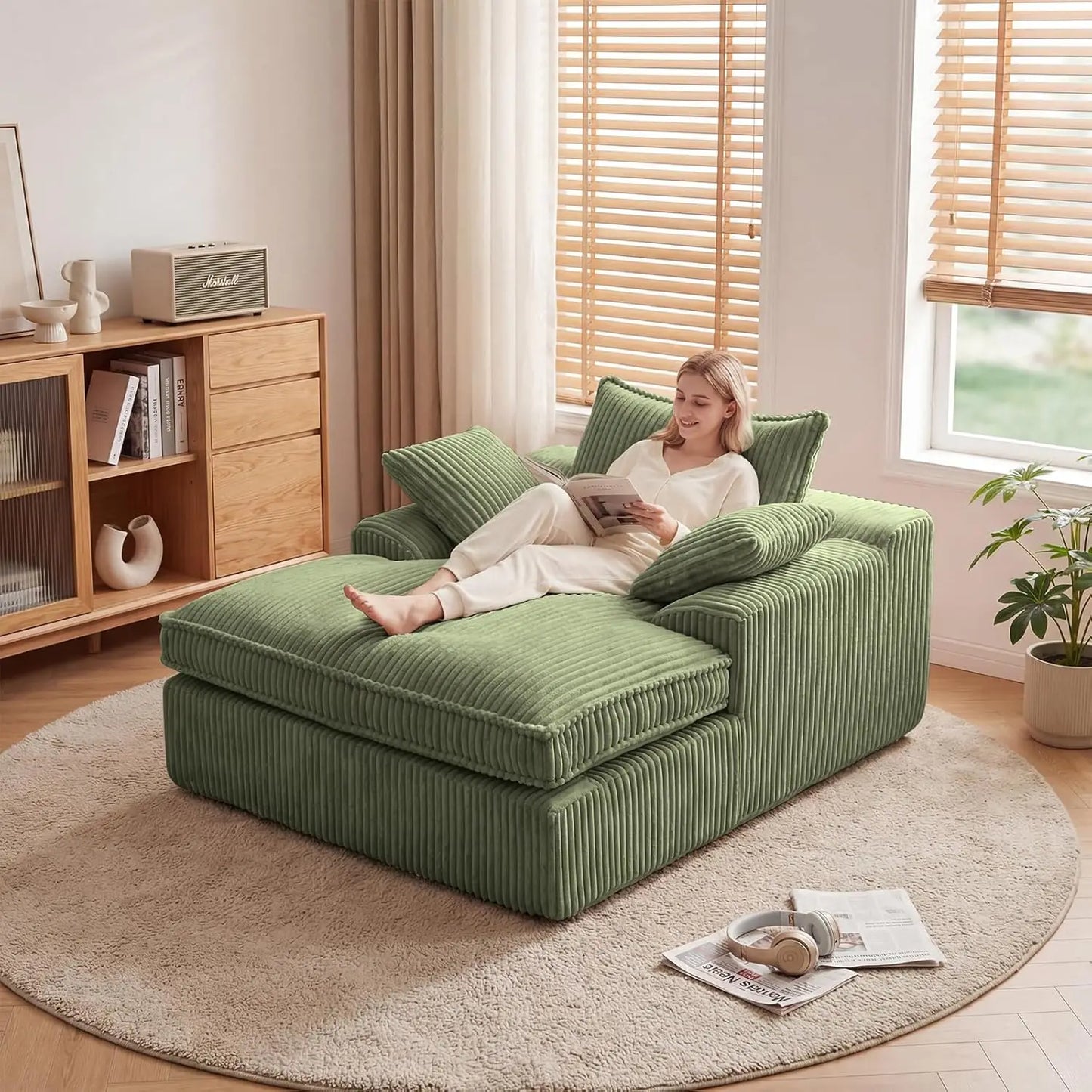 Oversized Chaise Lounge Chair Indoor, Corduroy Upholstered Deep Seat Sofa Couch, Cloud-Soft Boneless