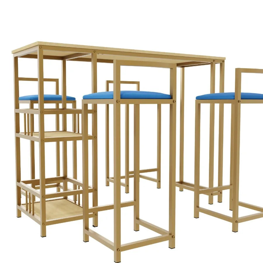Bar table and chair five piece set gold frame multilayer tabletop chair cushion and backrest made of sponge table with storage