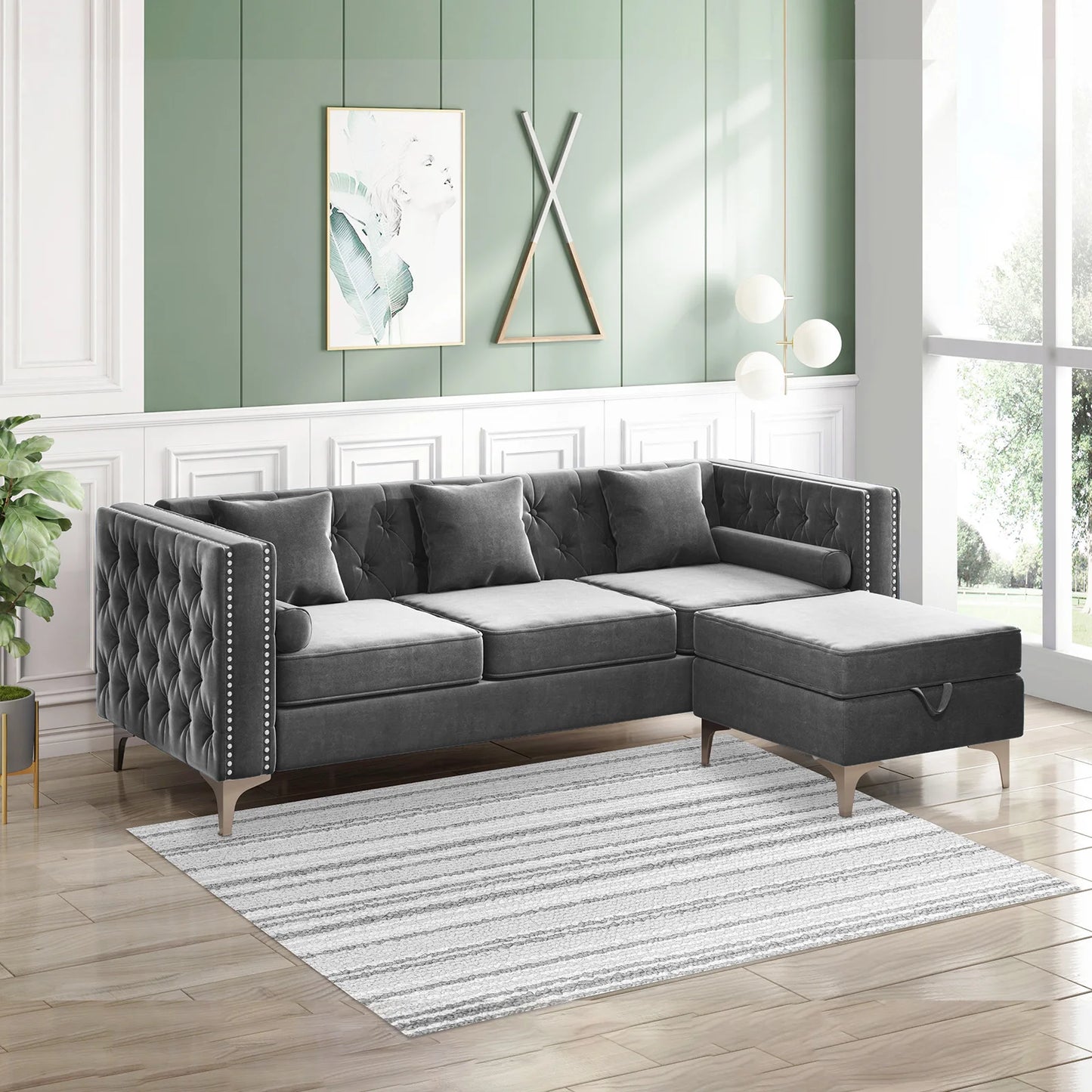 Convertible Sectional Sofa, Velvet Upholstered