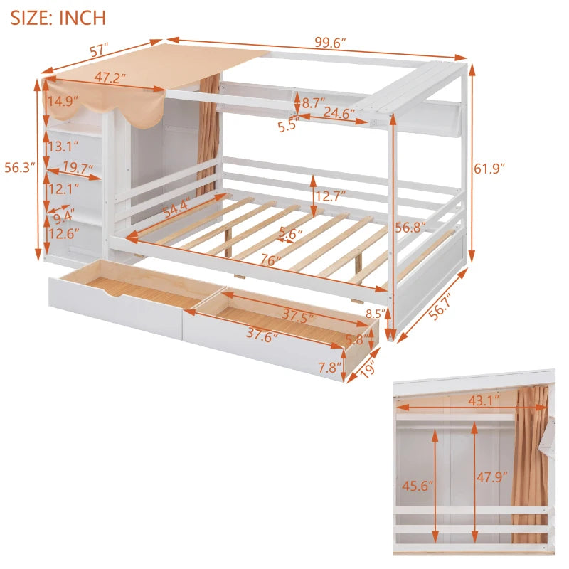 Full size House Bed with Two Drawers and Wardrobe,sturdy construction and Unique design,White/Gray /Natural.
