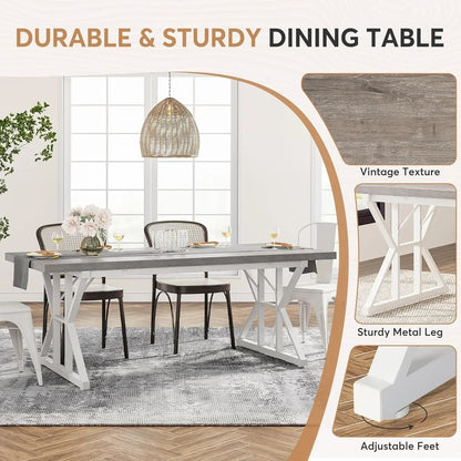 Farmhouse Dining Table for 6 People, 70.8-Inch Rectangular Wood Dining Table, Rustic Kitchen Table with Heavy Duty Metal Legs