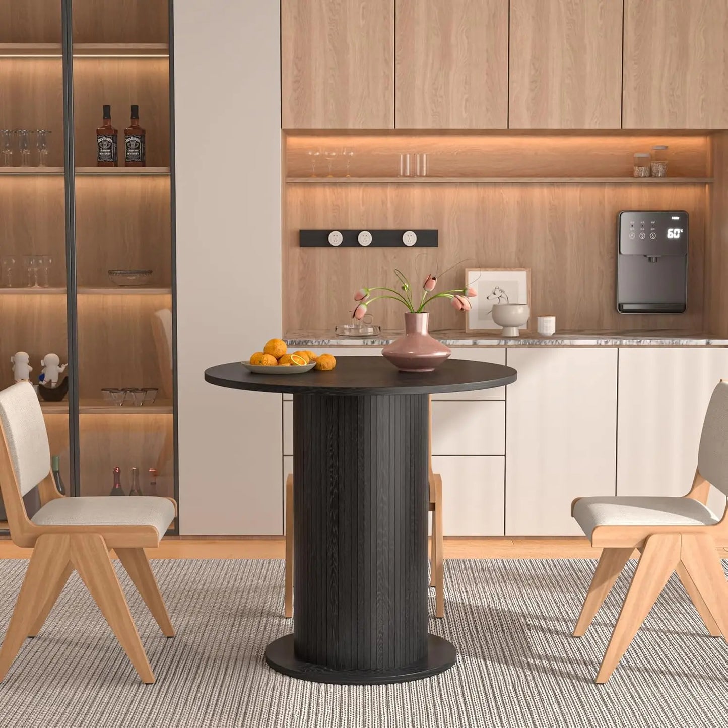 Round Dining Table for 2, Modern Farmhouse Kitchen Table, Small Circle Dining Tables with Wood Strip Base, Customized
