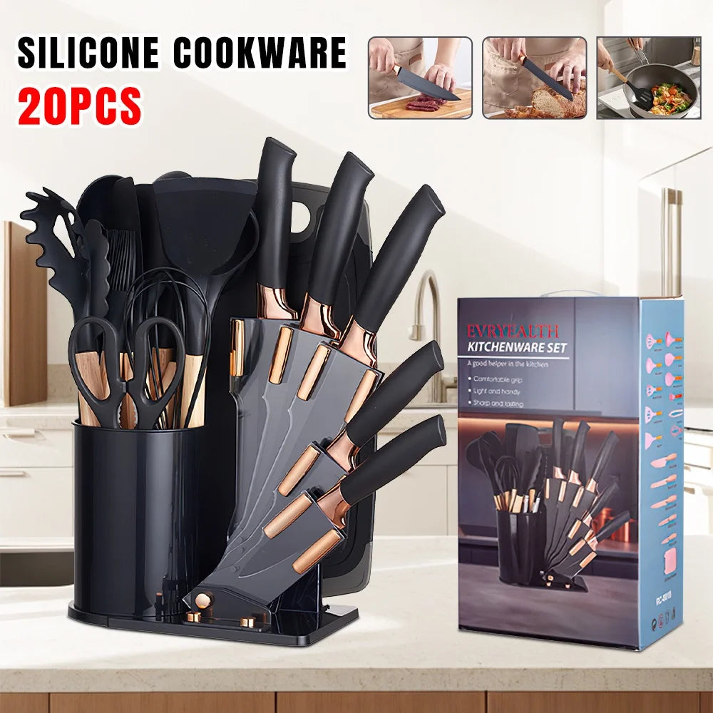 Silicone Utensil Set Non-Stick Heat-Resistant Cooking Kitchenware Chef Knife Easy-Clean Safe for Non-Stick Cookware