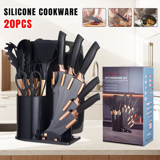 Silicone Utensil Set Non-Stick Heat-Resistant Cooking Kitchenware Chef Knife Easy-Clean Safe for Non-Stick Cookware