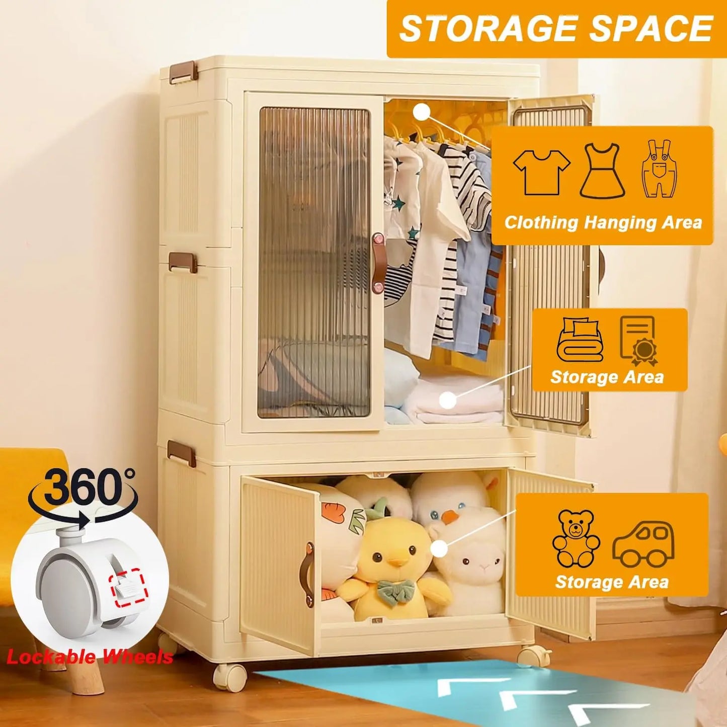 Foldable Wardrobe Cabinet with Wheels, Wardrobe 25''-2 layer Clothing Storage Closet Organizer for Clothes, Books for Home/Office