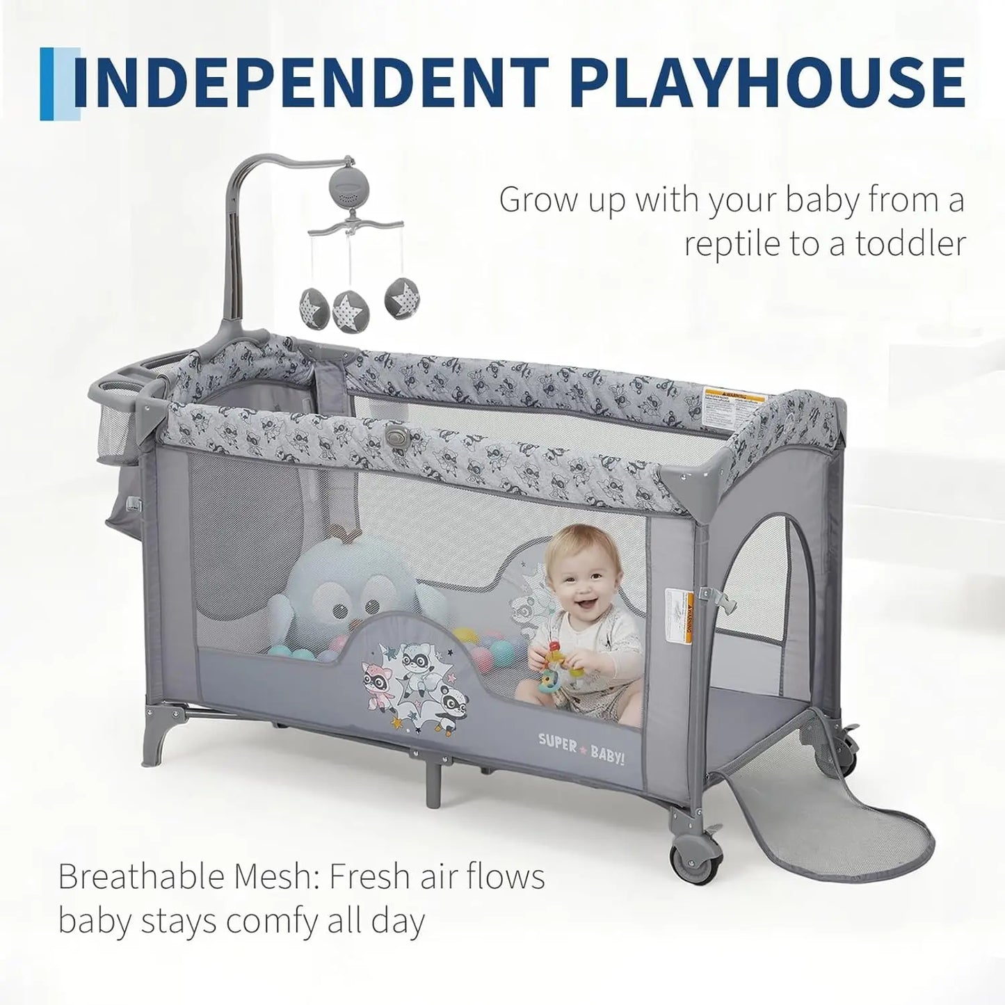 4 in 1 Baby Toddlers Bassinet Bedside Sleeper Portable Pack and Play with Changing Table,Locking Wheels,Zip Door,Storage Toy Bar
