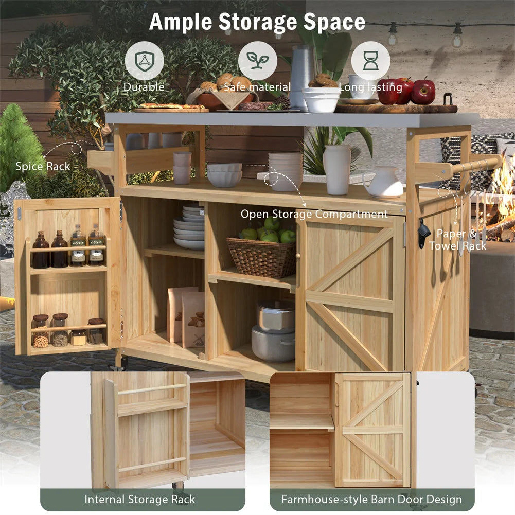 Portable Bar Tables Outdoor Grill Prep Table with Storage Tabletop Spice Rack Internal Storage Racks 4 Locking Mobile Wheels