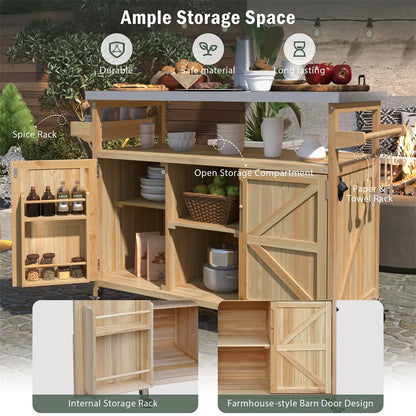Portable Bar Tables Outdoor Grill Prep Table with Storage Tabletop Spice Rack Internal Storage Racks 4 Locking Mobile Wheels