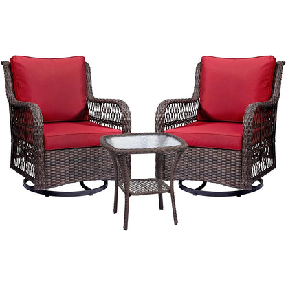 3-Piece Wicker Swivel Rocker Patio Set, 360° Swivel Rocking Chairs With Tempered Glass Side Table, Outdoor Bistro Furniture