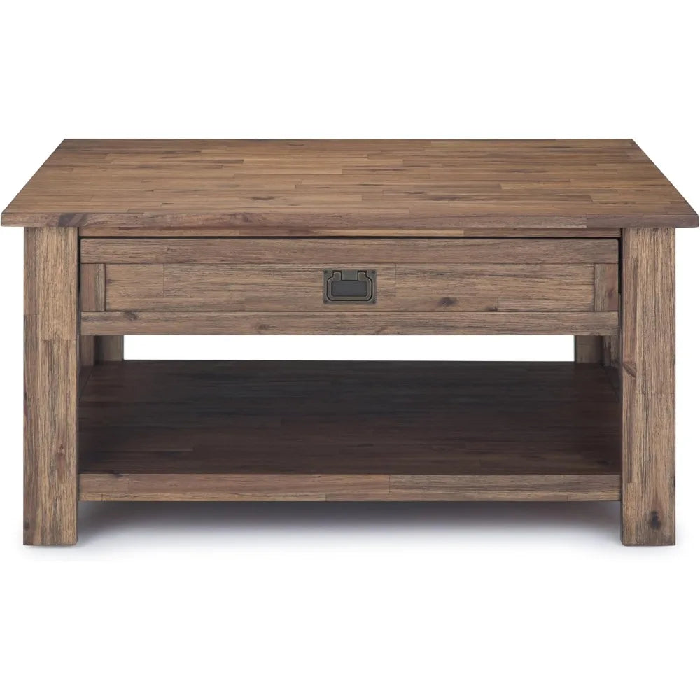 Square Coffee Table - 38 Inch Wide Solid Acacia Wood Living Room Table In Rustic Natural Aged Brown