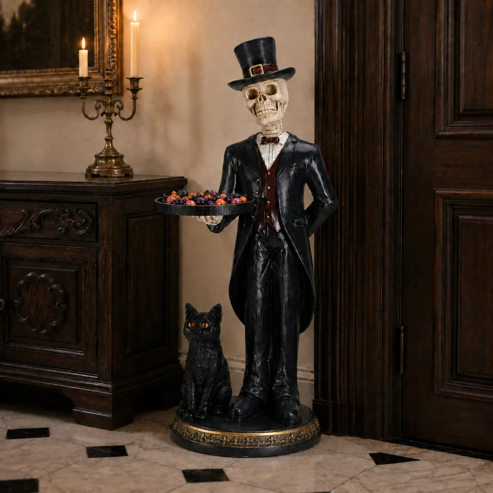 Halloween Skeleton Butler Floor Statue with Serving Tray and Black Cat for Home Entryway