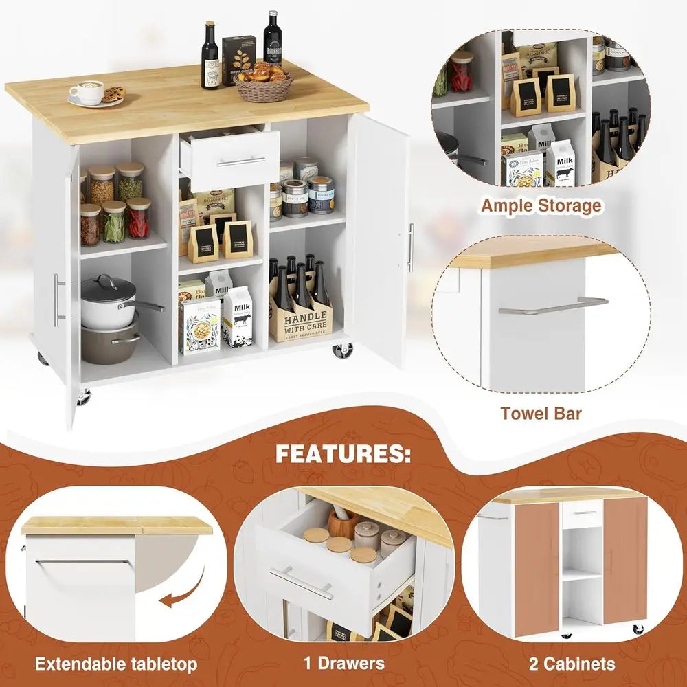 Rolling Kitchen Island Cart with Storage, Drop Lea Countertop, Ders & Towel Rack, Mobile Kitchen Table on Wheels