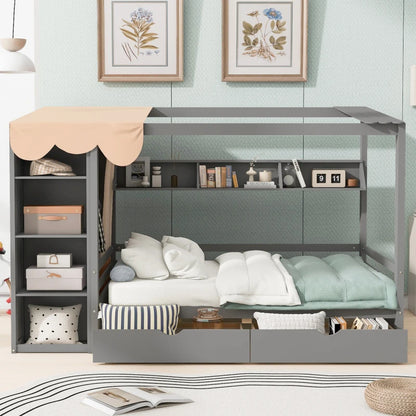 Full size House Bed with Two Drawers and Wardrobe,sturdy construction and Unique design,White/Gray /Natural.
