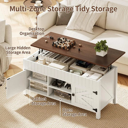 Lift Top Coffee Table with Storage - White Coffee Tables for Living Room, Farmhouse Wood Center Table