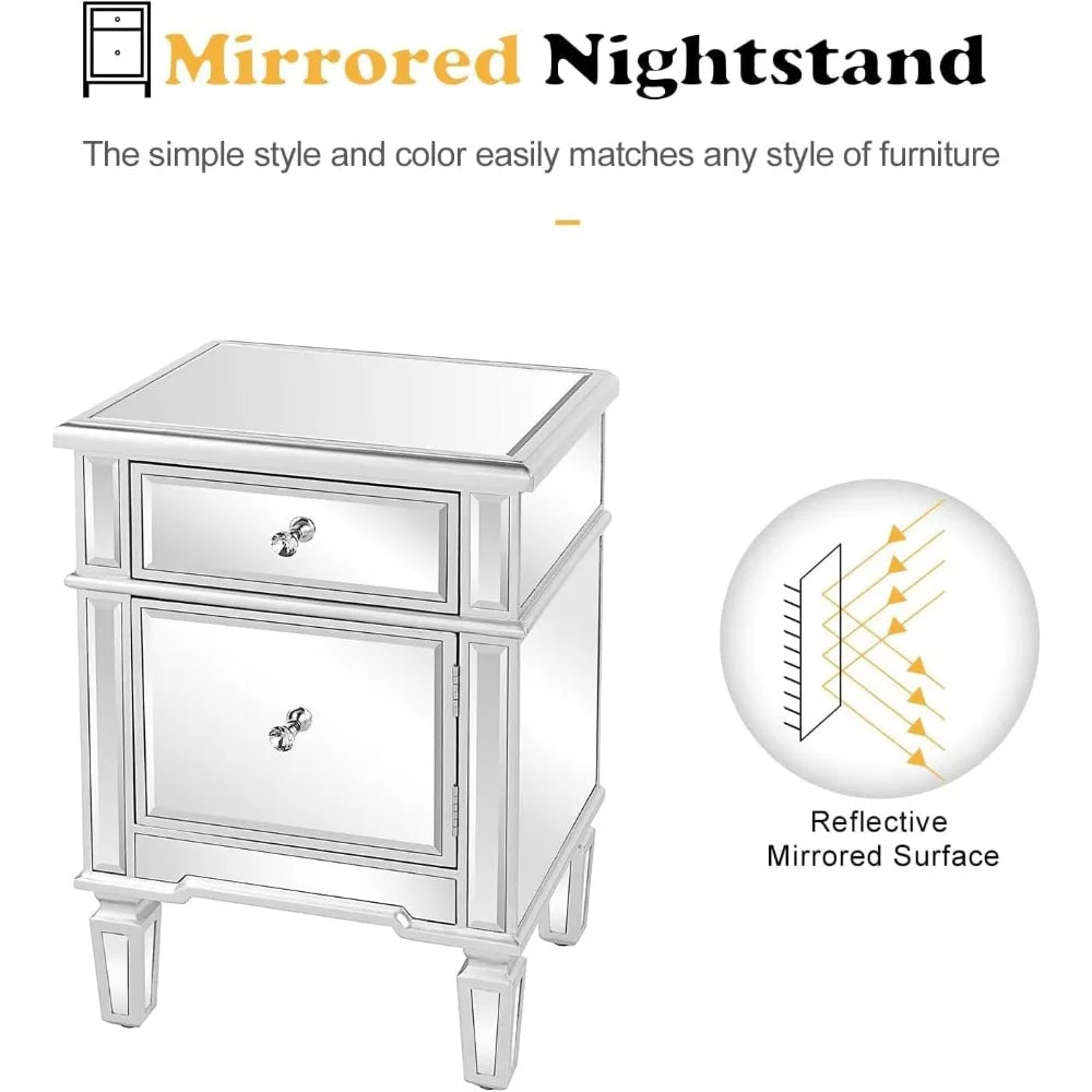 Nightstands Set of 2 Mirrored Side Tables Glass End Table with Drawer for Bedroom, Silver