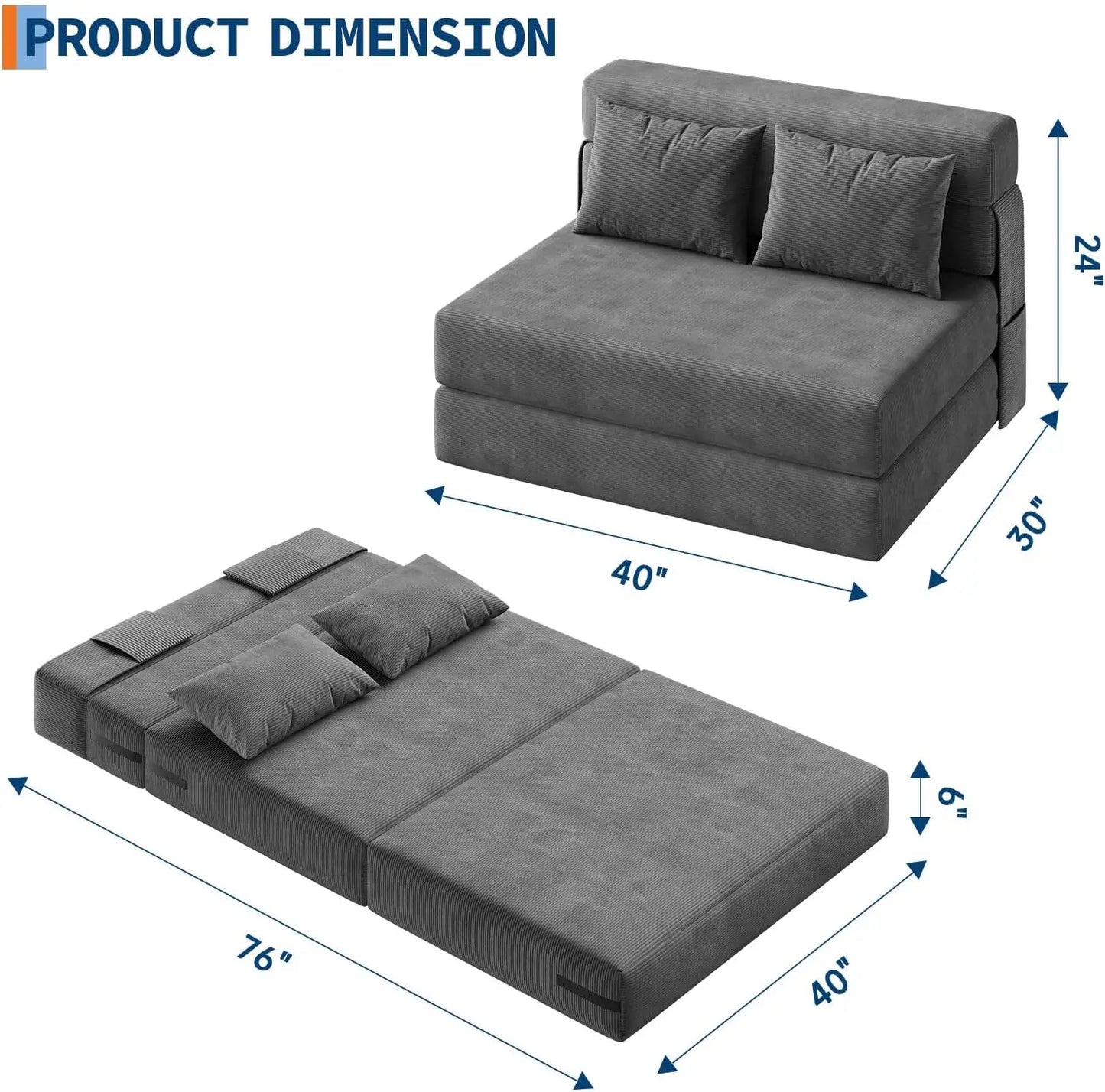 Convertible Folding Sofa Bed Sleeper Chair Bed with Pillow Portable Lazy Floor Sofa Lounger 2 in 1 Pull Out Loveseat Sofa