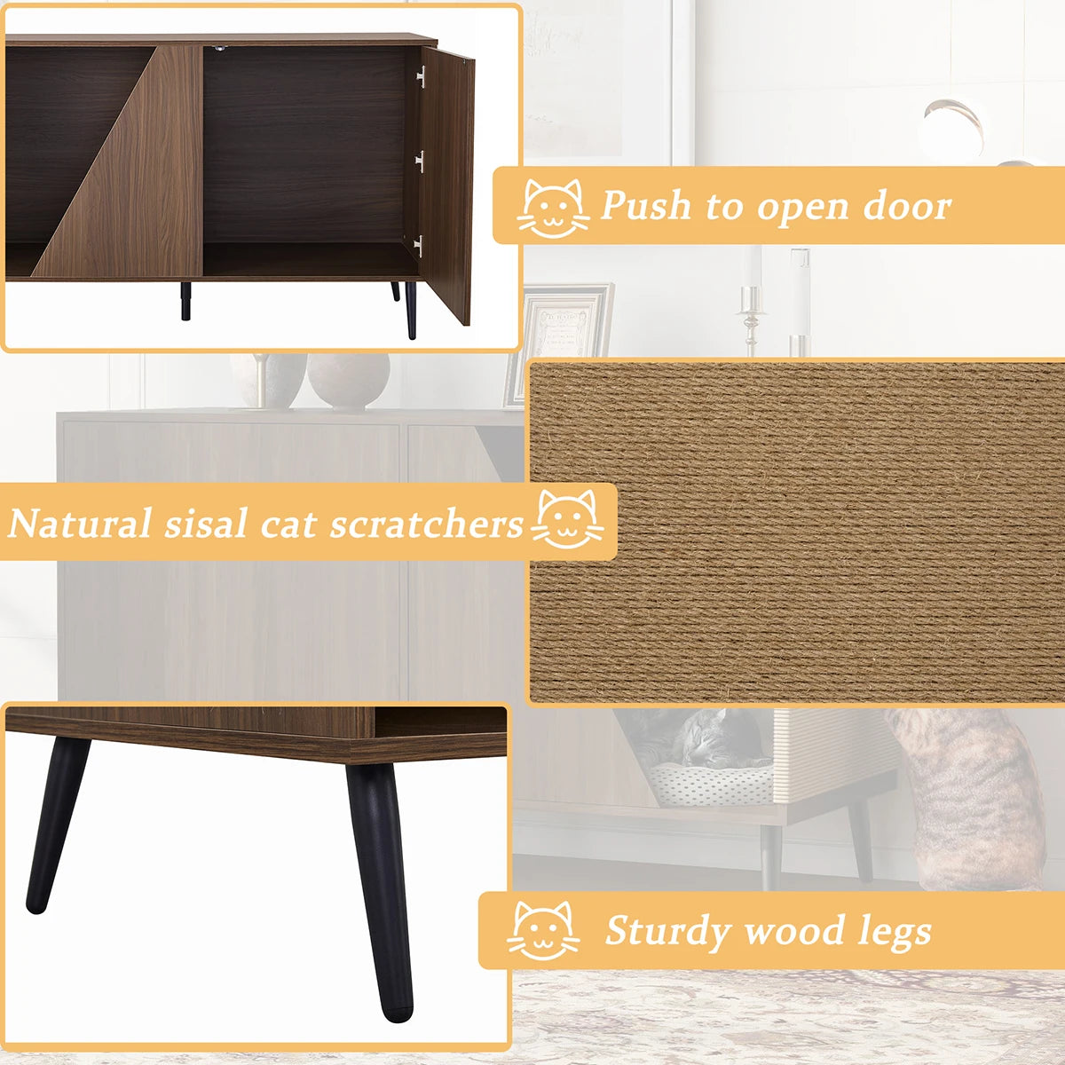 Wooden Cat House with Scratch Pad Large Cat Litter Box Enclosure Cabinet Hidden Cat Villa Washroom Furniture for Living Room