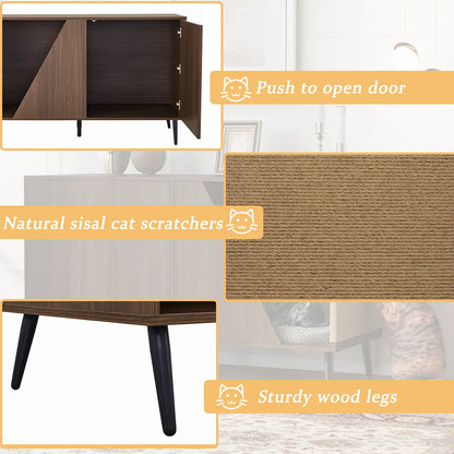 Wooden Cat House with Scratch Pad Large Cat Litter Box Enclosure Cabinet Hidden Cat Villa Washroom Furniture for Living Room