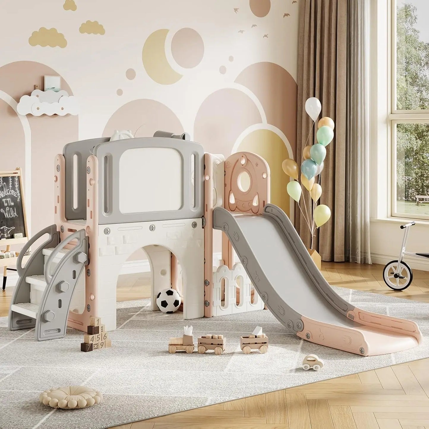 9 in 1 Toddler Slide, Kid Slide for Toddlers Age 1-3 with Ring Toss, Basketball Hoop, and Telescope, Playset Playground