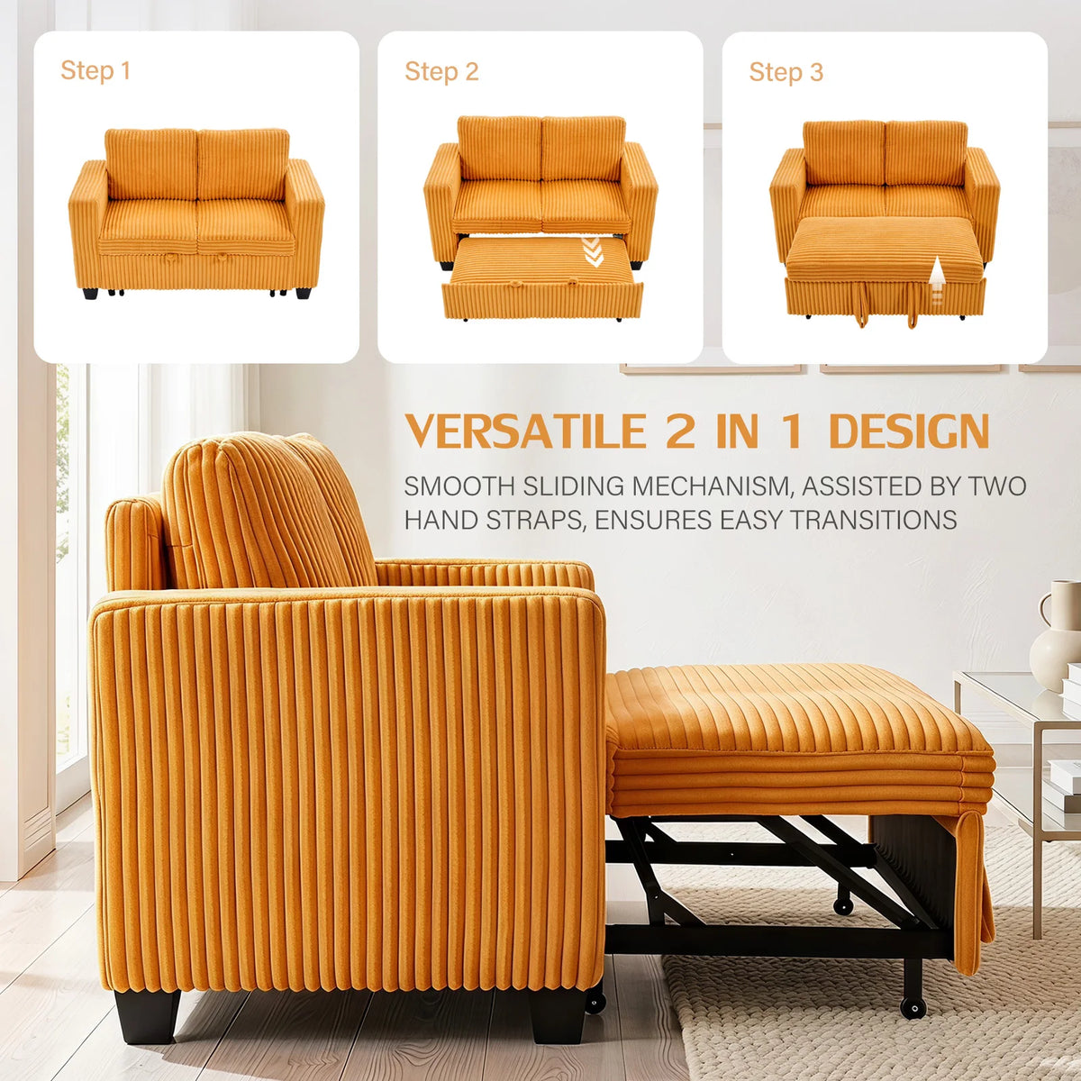 Two-seater Couple Sofa Corduroy Convertible Double Sofa Bed