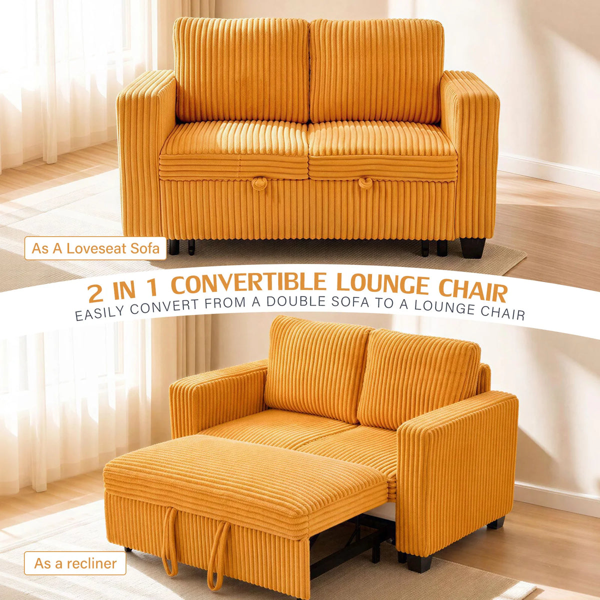 Two-seater Couple Sofa Corduroy Convertible Double Sofa Bed