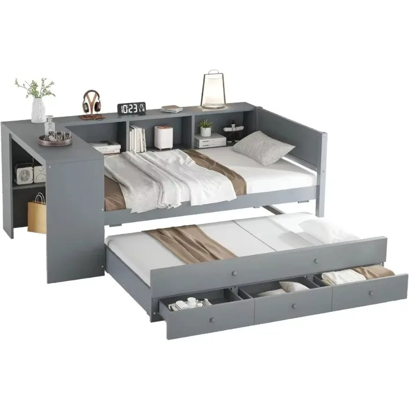 Twin Size Corner Daybed with Trundle, 3 Drawers & Desk - Grey Wooden Storage Bed for Kids Teens