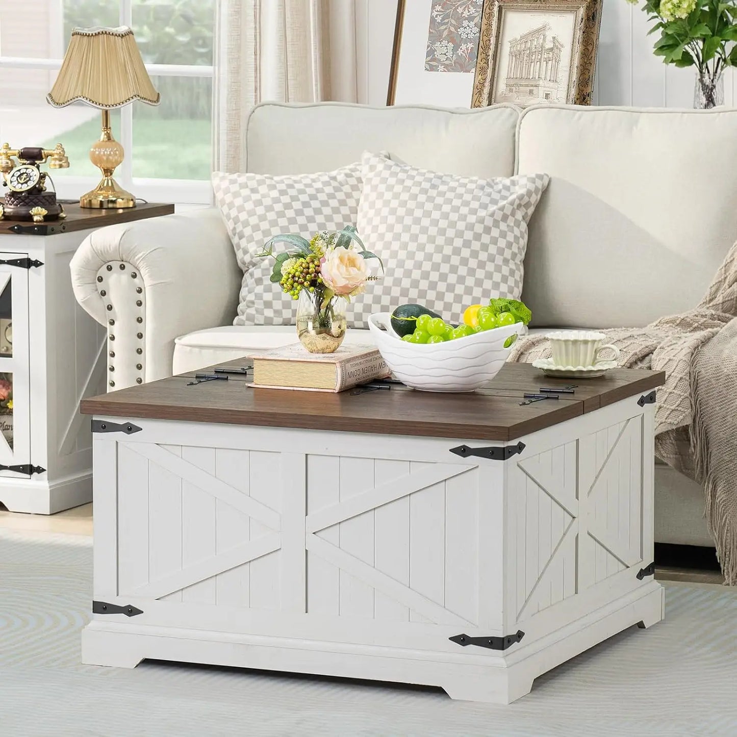 Farmhouse Coffee Table with Hidden Storage Space, Wood Square Large Center Table for Living Room, Farm House Rustic Brown
