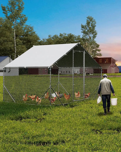 Chicken Coop Large Metal Chicken Run Walk-in Poultry Cage Pen w/ Anti-UV and Waterproof Cover for Duck Rabbits Yard Outdoor Farm